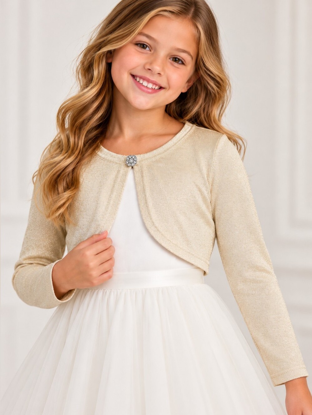Amy Byer Girls Gold Metallic Sparkle Bolero Shrug Cardigan XL 16 Formal Like New